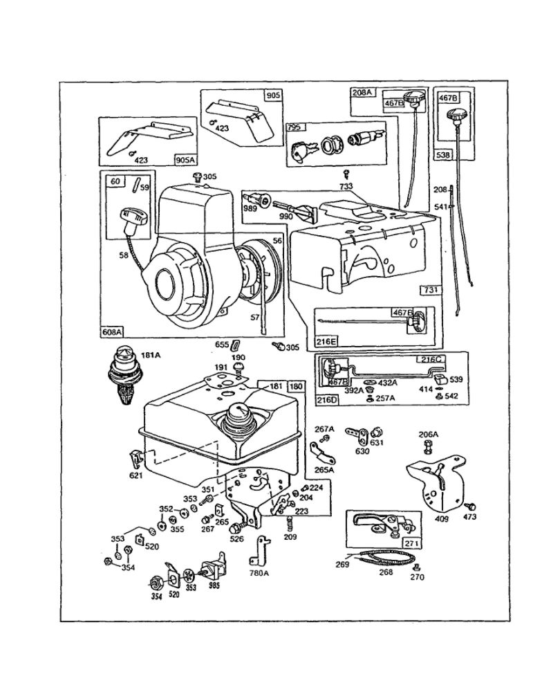 Starter-Rewind/Tank-Fuel Diagram and Parts List for 130200-130299 1535-1543 Briggs and Stratton Engine